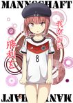  2014_fifa_world_cup :o adidas alternate_costume androgynous bangs blush bottomless clothes_writing cowboy_shot flat_chest german germany hat highres jersey kantai_collection looking_at_viewer naked_shirt no_logo number open_mouth outline pink_eyes pink_hair sailor_hat shirt shirt_tug short_hair short_sleeves soccer soccer_uniform solo sportswear standing thigh_gap translated ukami uniform world_cup z3_max_schultz_(kantai_collection) 