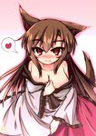  animal_ears blush breasts brooch brown_hair cleavage dress fang fang_out frilled_sleeves frills heart highres imaizumi_kagerou jewelry karasuma_amiru large_breasts long_hair long_sleeves looking_at_viewer red_eyes red_skirt skirt solo spoken_heart tail touhou wolf_ears wolf_tail 