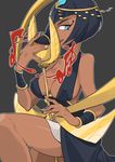  1girl bare_legs black_hair blood blue_eyes breasts cleavage dark_skin egypotian eliza_(skullgirls) grin microphone moji_sato musical_note no_bra short_hair sideboob skullgirls smile 