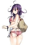  :p ahoge alternate_costume apron ass bikini blush breasts butt_crack eighth_note highres kaminagi_(kaminagi-tei) kantai_collection large_breasts long_hair looking_at_viewer looking_back musical_note nearly_naked_apron pink_bikini purple_hair red_eyes shiny shiny_skin side-tie_bikini sideboob simple_background smile solo swimsuit taigei_(kantai_collection) thigh_gap tongue tongue_out white_background 