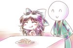  1girl :q black_hair blush_stickers bow breasts chibi closed_eyes couple doku_corne food fork hair_bow knife long_hair medium_breasts nipples nude pancake reiuji_utsuho third_eye tongue tongue_out touhou 