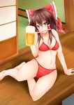  alcohol arm_support beer beer_mug bikini bow breasts brown_eyes brown_hair cleavage cup grin hair_bow hair_tubes hakurei_reimu holding holding_cup kirishima_itsuki looking_at_viewer medium_breasts midriff navel porch red_bikini sitting smile solo string_bikini swimsuit touhou 