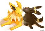  couple cute duo eeveelution eye eyes_closed feral fur invalid_color irene jolteon licking markings nintendo pink_sclera plain_background pok&#233;mon pok&eacute;mon red_eyes signature tongue umbreon video_games white_background yellow_fur yellow_markings 