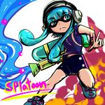  1girl blue_eyes blue_hair copyright_name domino_mask female gun headphones ink inkling mask nintendo shorts solo splatoon tentacle_hair weapon 