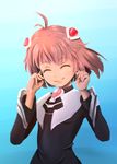  antenna_hair closed_eyes cowboy_shot hair_ornament hands_on_own_face m.o.m.o. pink_hair short_hair smile solo xenosaga 