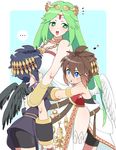  1girl 2boys armlet bike_shorts black_hair blue_eyes boy_sandwich bracer brown_hair dark_pit green_eyes green_hair heart heart_in_mouth hug jewelry kid_icarus long_hair multiple_boys musical_note necklace palutena pit_(kid_icarus) riomario sandwiched smile tiara very_long_hair wings 