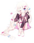  bad_id bad_pixiv_id blue_eyes blush bow character_name gradient_eyes hair_bow hair_ornament hair_ribbon ia_(vocaloid) long_hair looking_at_viewer multicolored multicolored_eyes one_eye_closed ribbon simple_background sitting solo tears uttao vocaloid white_background white_hair 