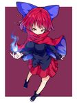  bow breasts cape hair_bow ishimu medium_breasts purple_background red_eyes red_hair red_skirt sekibanki short_hair skirt solo touhou 