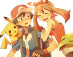  1girl arm_grab black_gloves black_hair blush brown_eyes brown_hair closed_eyes cyaneko fingerless_gloves gen_1_pokemon gloves hair_ribbon hairband haruka_(pokemon) hetero long_hair open_mouth pikachu pokemon pokemon_(creature) pokemon_(game) pokemon_oras red_hairband red_ribbon ribbon satoshi_(pokemon) short_hair_with_long_locks sidelocks simple_background smile sweatdrop visor_cap white_background 