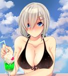  bikini bikini_top black_bikini blue_eyes blue_sky blush breasts cherry close-up cloud cocktail day drinking_straw expressionless food front-tie_bikini front-tie_top fruit hair_ornament hair_over_one_eye hairclip hamakaze_(kantai_collection) kantai_collection large_breasts shisei_(kyuushoku_banchou) short_hair silver_hair sky solo swimsuit upper_body 