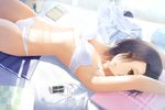  black_hair book bra brown_eyes headphones ikiteru jpeg_artifacts kobayakawa_rinko love_plus navel panties seifuku short_hair skirt underwear 