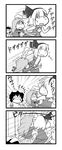  4koma absurdres animal_ears bad_id bad_pixiv_id bandage_on_face bandages bunny_ears chasing comic fleeing greyscale hair_ribbon highres inaba_tewi konpaku_youmu konpaku_youmu_(ghost) monochrome multiple_girls open_mouth reisen_udongein_inaba ribbon simple_background touhou tsunamayo 