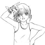 \m/ arm_up armpits bandaid bandaid_on_face border_break character_request collarbone graphite_(medium) greyscale hand_on_hip harumachi_nagaaki monochrome simple_background solo tank_top traditional_media upper_body white_background 