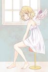  angel_wings bad_id bad_pixiv_id barefoot blonde_hair dress feet highres indoors kagamine_rin legs messy_hair open_mouth pafufu sitting solo stool vocaloid white_dress window wings 