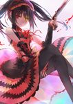  bare_shoulders black_hair black_legwear breasts cleavage clock_eyes date_a_live dress gun hairband heterochromia lolita_fashion lolita_hairband long_hair looking_at_viewer medium_breasts mimi_n red_eyes rifle smile solo symbol-shaped_pupils thighhighs tokisaki_kurumi twintails weapon yellow_eyes 