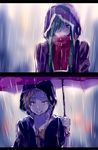  1girl blonde_hair blush green_hair hood hoodie kagerou_project kano_shuuya kido_tsubomi long_hair nuriko-kun rain red_eyes short_hair umbrella wet 