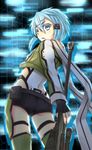  anti-materiel_rifle blue_eyes blue_hair fingerless_gloves gloves gun highres looking_back pgm_hecate_ii rasielcochma rifle scarf short_shorts shorts sinon sniper_rifle sword_art_online thighhighs weapon 