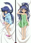  barefoot bed_sheet bikini bikini_bottom bikini_top blue_hair bottomless child dakimakura dress furude_rika highres higurashi_no_naku_koro_ni kuroda_kazuya long_hair lying multiple_views naked_shirt official_art on_back on_side purple_eyes scan scan_artifacts sheet_grab shirt side-tie_bikini smile swimsuit swimsuit_removed untied 