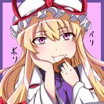  blonde_hair bow cracker eating food food_on_face hair_bow hand_on_own_cheek hat hat_bow hat_ribbon head_rest kyoukyan long_hair long_sleeves mob_cap pink_background purple_eyes ribbon senbei simple_background solo tabard touhou yakumo_yukari 