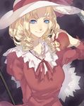  apple arms_behind_back bite_mark blonde_hair blue_eyes dress elly food freckles fruit hat highres long_hair looking_at_viewer red_dress scythe short_hair smile solo tian_(my_dear) touhou touhou_(pc-98) 