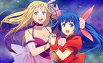  :d alternate_costume blonde_hair blue_background blue_eyes blue_hair bonne_jenet bracelet breasts choker cleavage fatal_fury flower futaba_hotaru hair_flower hair_ornament hair_ribbon half_updo holding_hands jewelry large_breasts long_hair mark_of_the_wolves multiple_girls open_mouth ribbon satowo smile snk twintails wrist_cuffs 