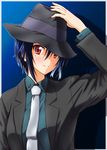  black_hair blue_hair blush diesel-turbo fedora formal hat necktie nisekoi red_eyes short_hair smile solo suit tsugumi_seishirou 