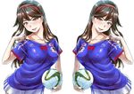 2014_fifa_world_cup ball brazuca breasts brown_eyes brown_hair covered_nipples harurun japan long_hair medium_breasts multiple_views original parted_lips simple_background smile soccer soccer_ball soccer_uniform sportswear white_background world_cup 