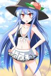  :o beach bikini blue_hair blush e.o. flat_chest food fruit hands_on_hips hat highres hinanawi_tenshi long_hair navel peach red_eyes solo swimsuit touhou very_long_hair 