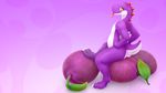  amber_eyes butt chubby claws fruit hindpaw looking_at_viewer male mario_bros nintendo nude paws plum purple_skin sitting smile solo spikes thighs tongue tongue_out vader-san video_games white_skin yoshi 
