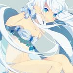  \m/ bad_id bad_pixiv_id bare_shoulders blue_eyes bow hair_bow hair_ornament hair_ribbon light_particles long_hair looking_away navel original red_string ribbon rinndouk silver_hair simple_background sitting solo string wrist_cuffs 