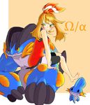  1girl haruka_(pokemon) haruka_(pokemon)_(remake) mega_pokemon mega_swampert mudkip nintendo pokemon pokemon_(game) pokemon_oras sharp_teeth sitting swampert 