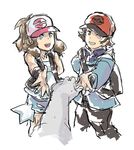  1girl backpack bag baseball_cap blue_eyes brown_eyes hat njike outstretched_hand pokemon pokemon_(game) pokemon_bw ponytail shorts touko_(pokemon) touya_(pokemon) 