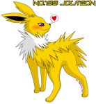  ambiguous_gender blush canine dialog eeveelution feral fur gamesyellow jolteon mammal nintendo plain_background pok&#233;mon pok&eacute;mon pokemonjolteonvideo presenting purple_eyes solo text video_games white_background white_fur yellow_fur 