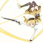  blonde_hair detached_sleeves drill_hair fingerless_gloves gloves gun handstand hat highres kinfuji long_hair magical_girl mahou_shoujo_madoka_magica puffy_sleeves rifle thighhighs tomoe_mami twin_drills twintails upside-down weapon yellow_eyes 