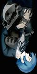  black_background black_jacket black_ribbon blue_hair chain closed_eyes collared_shirt jacket long_sleeves male_focus mask open_clothes open_jacket persona persona_3 profile ribbon rotated shirt simple_background taa_(acid) thanatos upper_body white_shirt wing_collar yuuki_makoto 