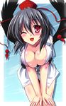  black_hair blouse blush breasts cleavage collarbone hands_on_own_knees hat large_breasts leaning_forward lips looking_at_viewer one_eye_closed open_blouse open_clothes open_mouth red_eyes shameimaru_aya short_hair sky smile solo tokin_hat touhou yamu_(reverse_noise) 