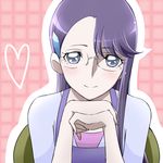  arm_support blush checkered checkered_background close-up closed_mouth eyelashes face glasses happy heart heartcatch_precure! long_hair looking_at_viewer md5_mismatch pink_background precure purple_hair shirt silver_eyes simple_background smile solo tsukikage_oyama tsukikage_yuri 