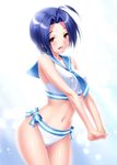  ahoge bikini blue_hair bow breasts cowboy_shot idolmaster idolmaster_(classic) interlocked_fingers large_breasts midriff miura_azusa navel necktie open_mouth red_eyes sailor_bikini sailor_collar sailor_swimsuit_(idolmaster) short_hair standing swimsuit zen 