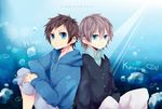  back-to-back blue_eyes brown_hair character_name grey_hair hood hoodie isaki_kaname multiple_boys nagi_no_asukara ri2431na sakishima_hikari short_hair 