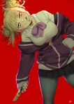  1girl :q bangs black_skirt blonde_hair blush boku_no_hero_academia bow bowtie breasts collared_shirt commentary_request cosplay double_bun fingernails green_nails grey_legwear hand_in_pocket head_tilt highres holding jacket justin_leyva_(steamy_tomato) large_breasts leaning_to_the_side long_sleeves looking_at_viewer messy_hair nail_polish off_shoulder pantyhose pink_neckwear pleated_skirt purple_jacket red_background shijou_takane shijou_takane_(cosplay) shirt signature simple_background skirt smile solo ssss.gridman toga_himiko tongue tongue_out white_shirt wing_collar yellow_eyes 