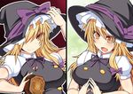  :d blonde_hair blush bow breasts collared_shirt colored_eyelashes hair_bow hand_on_headwear hat hat_bow hisui_(stapspats) kirisame_marisa large_breasts long_hair low-tied_long_hair mini-hakkero one_eye_covered open_mouth outline puffy_short_sleeves puffy_sleeves ribbon shirt short_sleeves smile steepled_fingers touhou tsurime witch_hat yellow_eyes 
