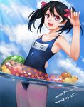  :d \m/ black_hair blue_swimsuit bow cloud cloudy_sky cowboy_shot dated day hair_bow innertube light_rays long_hair love_live! love_live!_school_idol_project one-piece_swimsuit open_mouth red_eyes rubber_duck school_swimsuit shuizhanglang signature sky smile sunbeam sunlight swimsuit twintails wading water wet yazawa_nico 