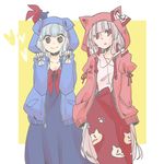  animal_hood blue_hair cat_hood dog_hood fujiwara_no_mokou hood hooded_jacket jacket kamishirasawa_keine komaku_juushoku long_hair multiple_girls red_eyes silver_hair touhou 