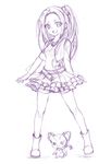  animal cat eyelashes full_body half_updo happy hoshi_(xingspresent) hummy_(suite_precure) kurokawa_eren long_hair looking_at_viewer monochrome one_side_up open_mouth ponytail precure seiren_(suite_precure) shirt shoes simple_background sketch skirt smile socks solo standing suite_precure white_background 