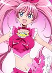  blue_eyes bow breasts brooch choker cure_melody frilled_skirt frills gradient gradient_background houjou_hibiki jewelry large_breasts manji_(tenketsu) midriff navel open_mouth pink pink_background pink_bow pink_choker pink_hair precure skirt solo suite_precure twintails 