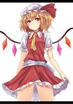  ascot blonde_hair blush bow flandre_scarlet hat hat_bow miniskirt nakaichi_(ridil) red_eyes side_ponytail skirt solo touhou wings 