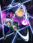  black_hairband black_legwear blue_eyes cherry_blossoms dual_wielding foreshortening friti full_moon hair_ribbon hairband highres hitodama holding katana konpaku_youmu konpaku_youmu_(ghost) moon open_mouth ribbon shoes short_hair short_sleeves silver_hair skirt solo spell_card sword thighhighs touhou weapon 