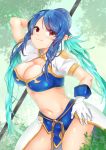  1girl blue_hair breasts cleavage commentary_request demememememene gloves happy judith large_breasts looking_at_viewer navel red_eyes smile solo standing tales_of_(series) tales_of_vesperia 