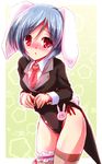  :o animal_ears blazer blush breasts bunny_ears bunny_girl bunny_tail bunnysuit jacket large_breasts lavender_hair leg_garter necktie open_mouth red_eyes reisen short_hair solo tail thighhighs touhou yamu_(reverse_noise) 