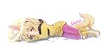  absurdres animal_ears bad_id bad_pixiv_id blonde_hair boots dog_ears elin_(tera) halo highres hood hoodie inuchu long_hair lying mittens on_stomach pantyhose ponytail solo tail tera_online yellow_eyes 